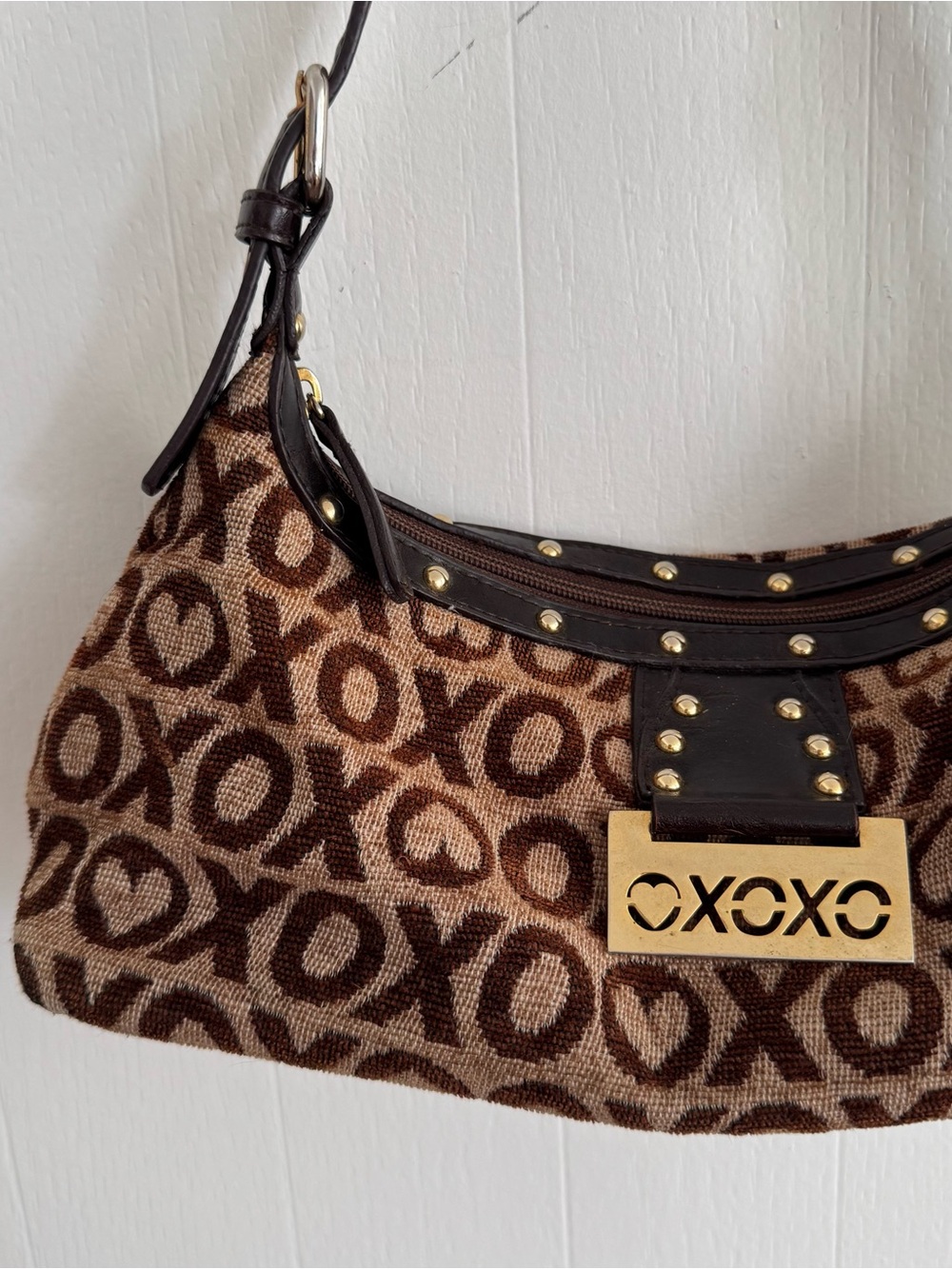 XOXO Brown and Tan Monogram Shoulder Bag with Gold Plate - Picture 2 of 5